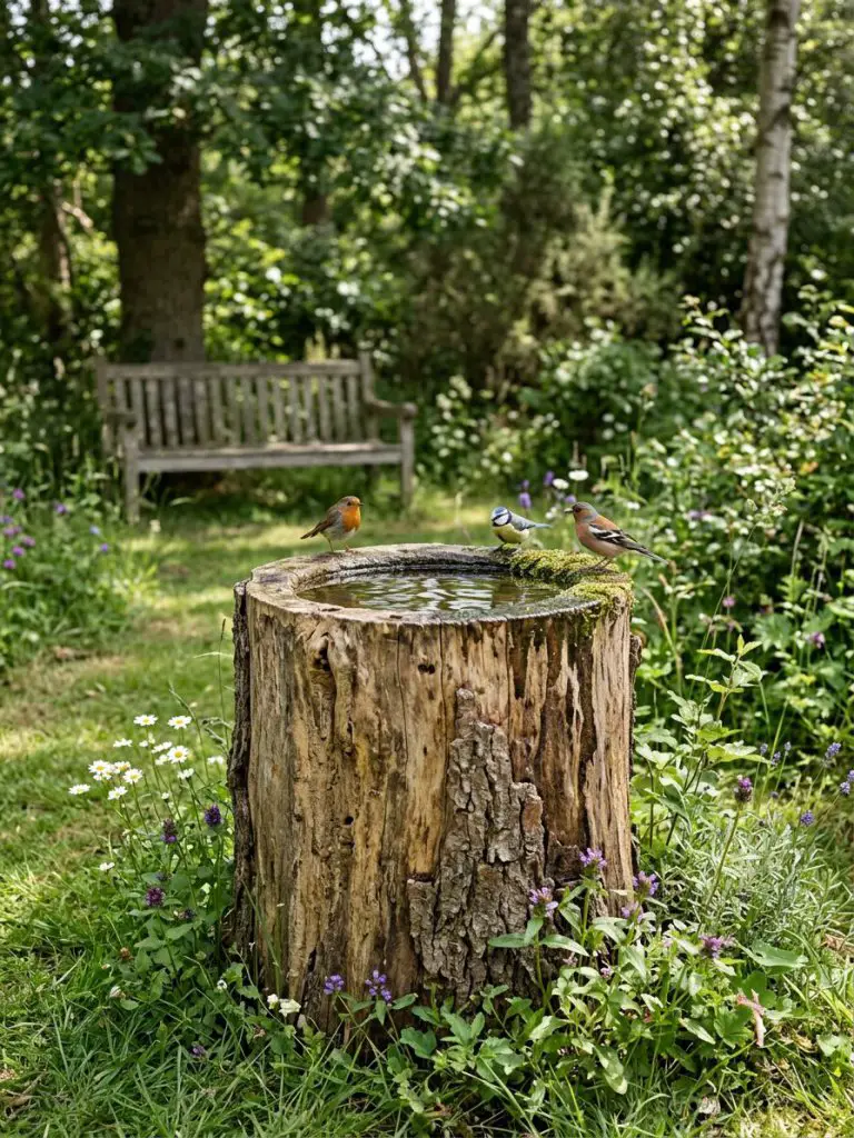 A rustic backyard garden scene featuring a handmade bird bath carved from a natural tree stump, styled in a modern rustic woodland aesthetic.