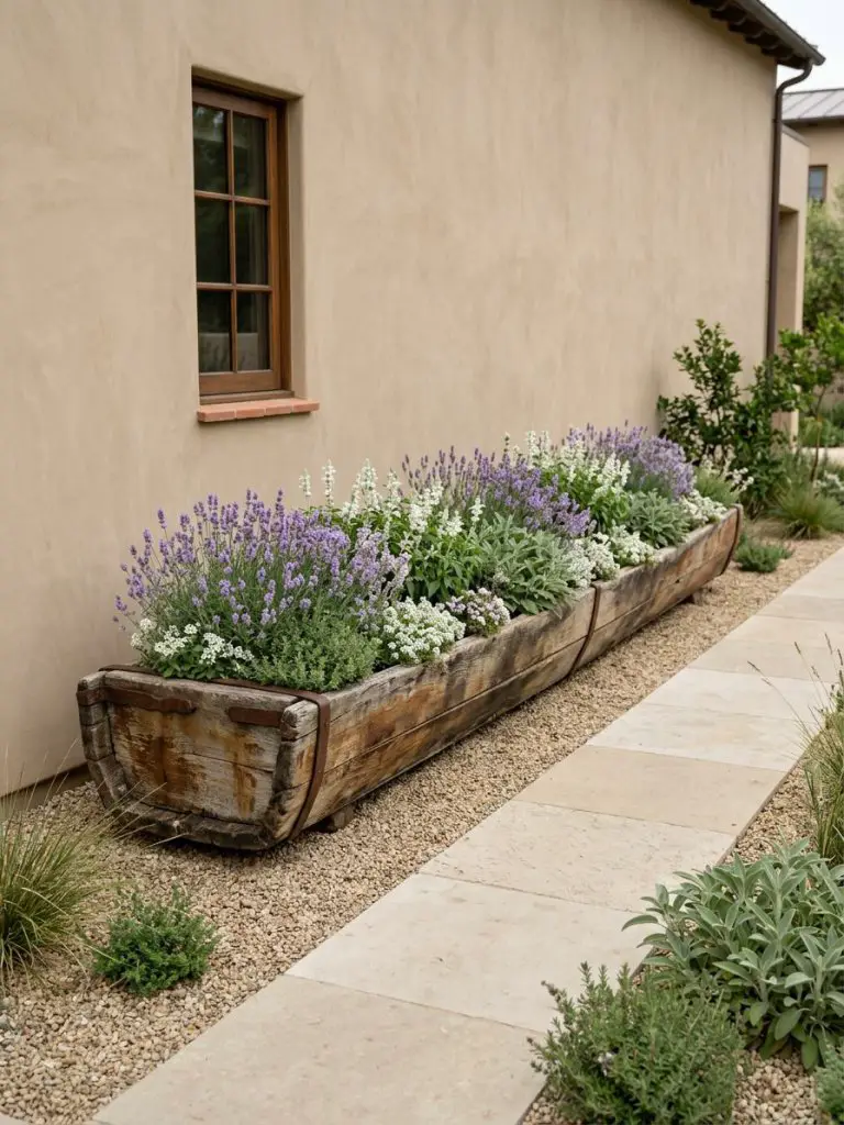 A long rustic trough-style planter placed along a house wall in a warm minimalist garden design.
