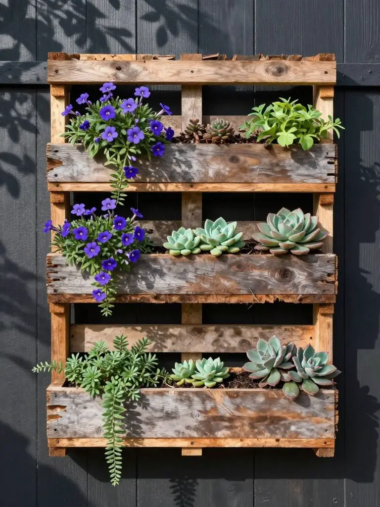 A vertical garden created from a reclaimed wooden pallet mounted on a dark charcoal fence.