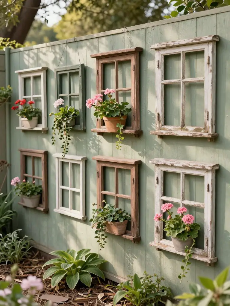 A rustic garden wall styled in vintage garden decor aesthetic, featuring a series of distressed wooden window frames mounted along a weather.