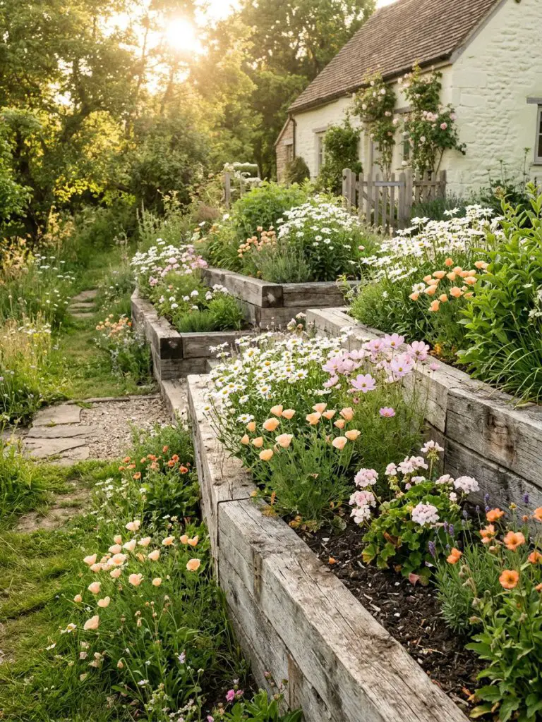A rustic sloped garden with chunky reclaimed timber retaining walls in a warm minimalist cottage-inspired style, filled with soft white dais.