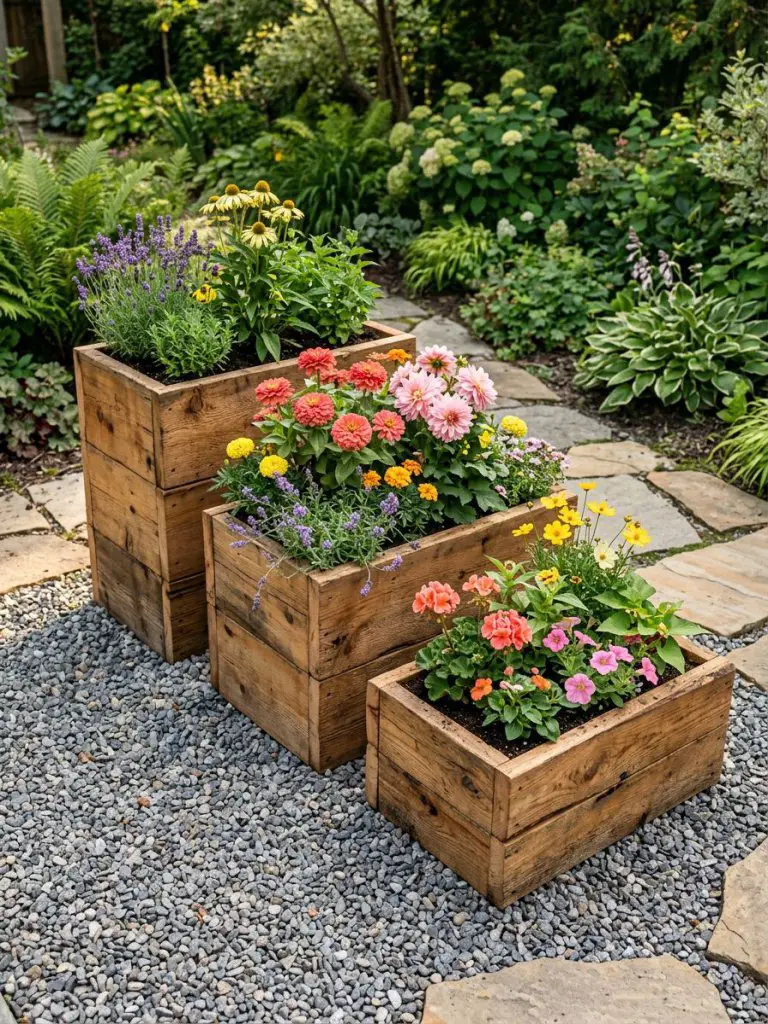 A trio of rustic wooden box flower beds arranged in staggered heights on a gravel garden base.