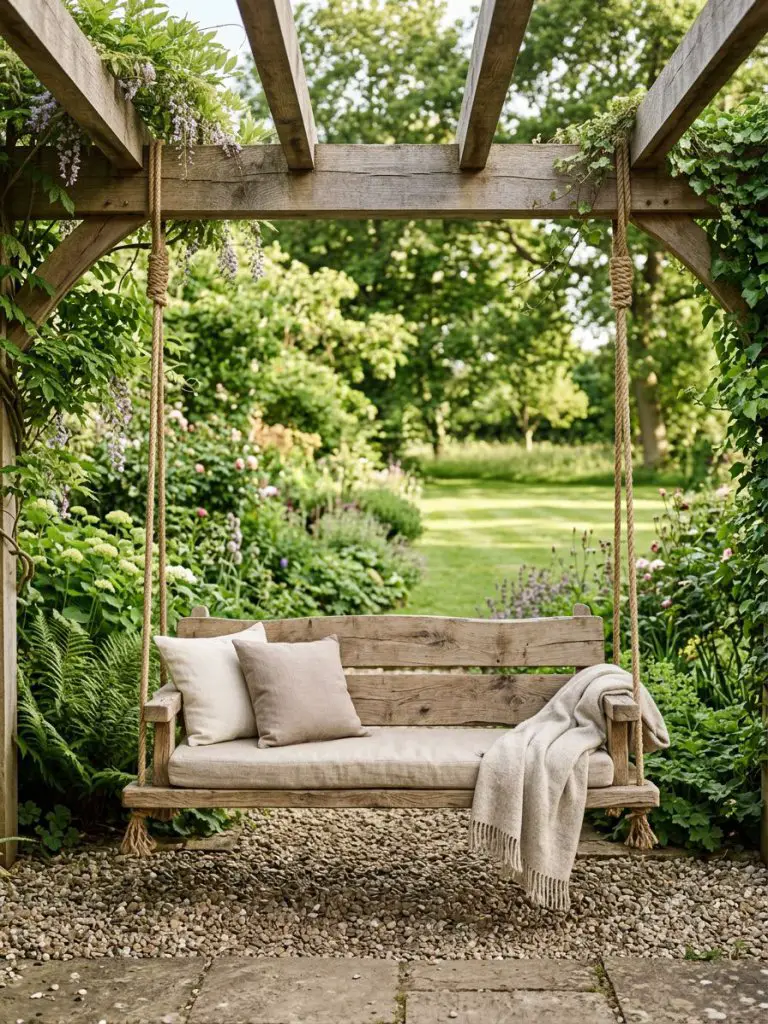 A rustic wooden swing bench hanging from a pergola in a garden setting, styled in warm minimalist rustic design.