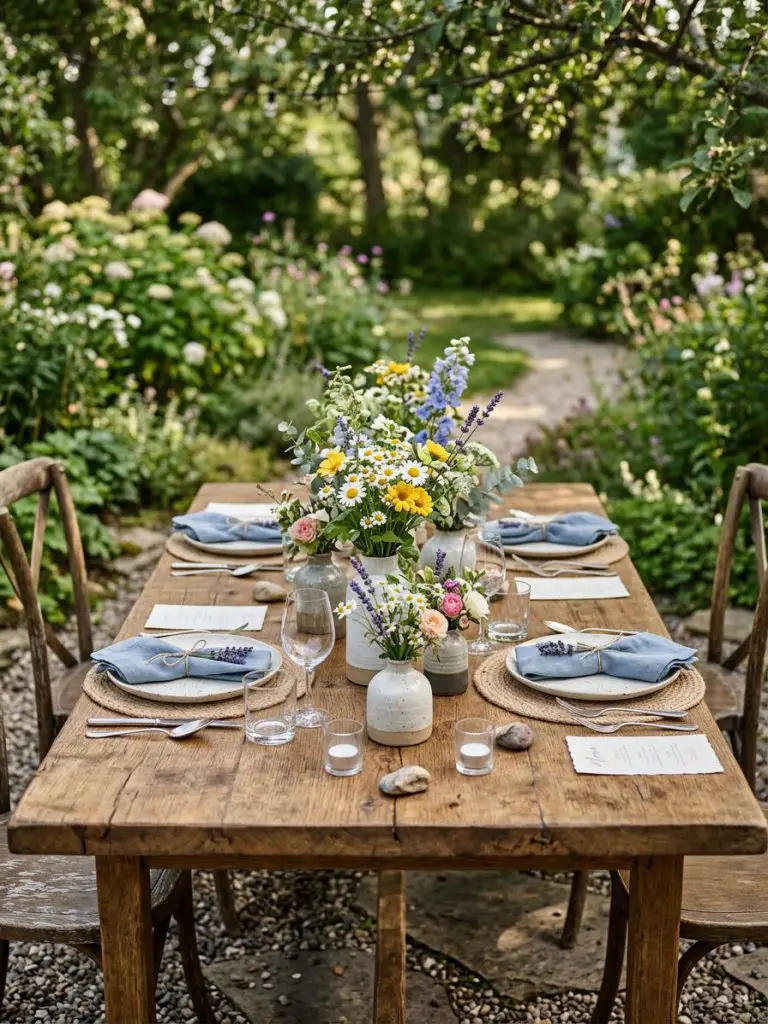 A rustic small garden wedding reception table in a Modern Rustic style, showcasing a wooden farmhouse table as the hero subject, centered in.