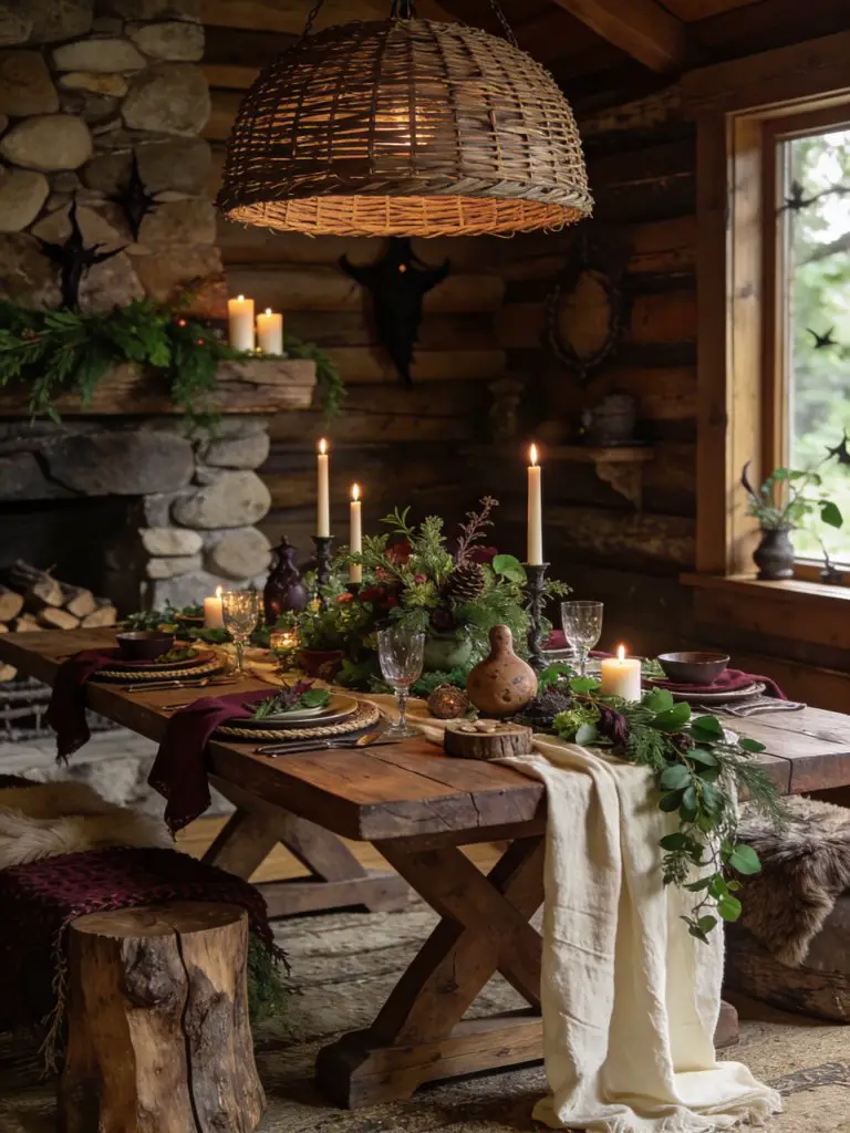 A rustic woodland witchy dining setup in a cabin-style interior, featuring a solid wood table styled with candles, greenery, and artisanal t.