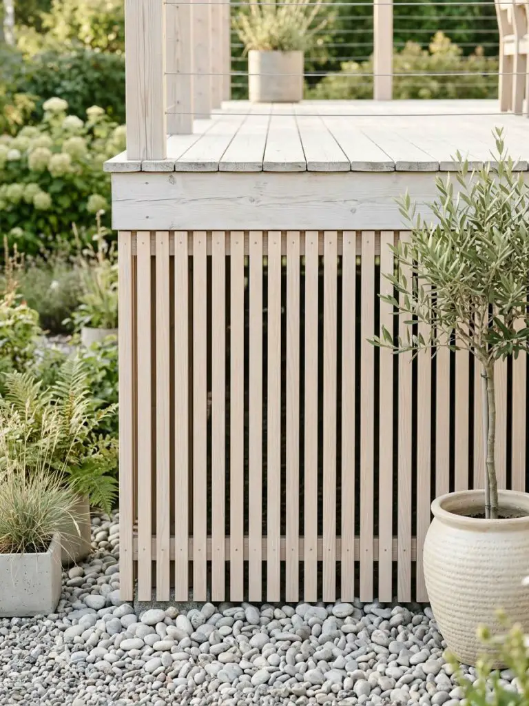 A Scandinavian-inspired deck skirting design featuring light wood tones and minimalist detailing.