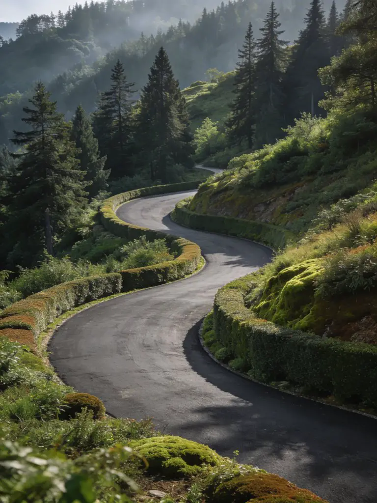 A scenic, gently curving asphalt driveway weaving through a lush hillside landscape in a modern rustic style.