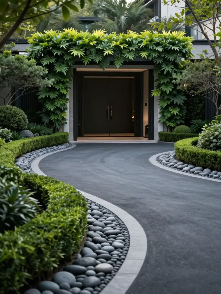 A sophisticated driveway entrance framed by sculpted hedges and curved river rock beds in a modern formal garden style.