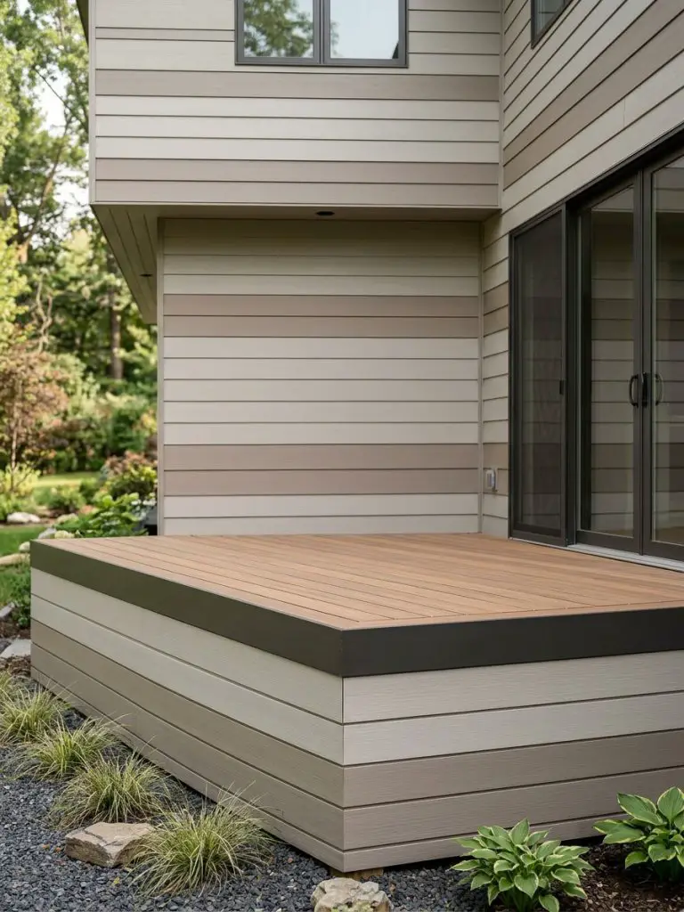 A seamless exterior design where deck skirting blends perfectly with the home’s siding in a modern minimalist style.