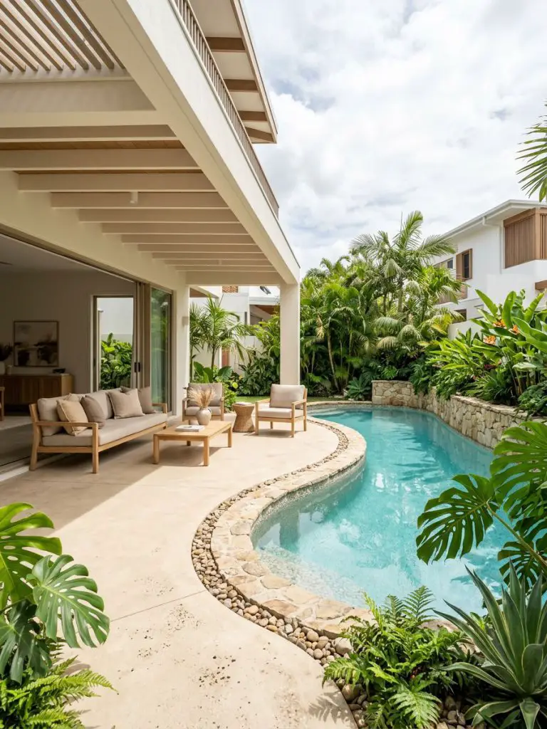A seamless indoor-outdoor beach pool backyard designed in a modern tropical minimalist style, featuring a curving lagoon-style pool that flo.