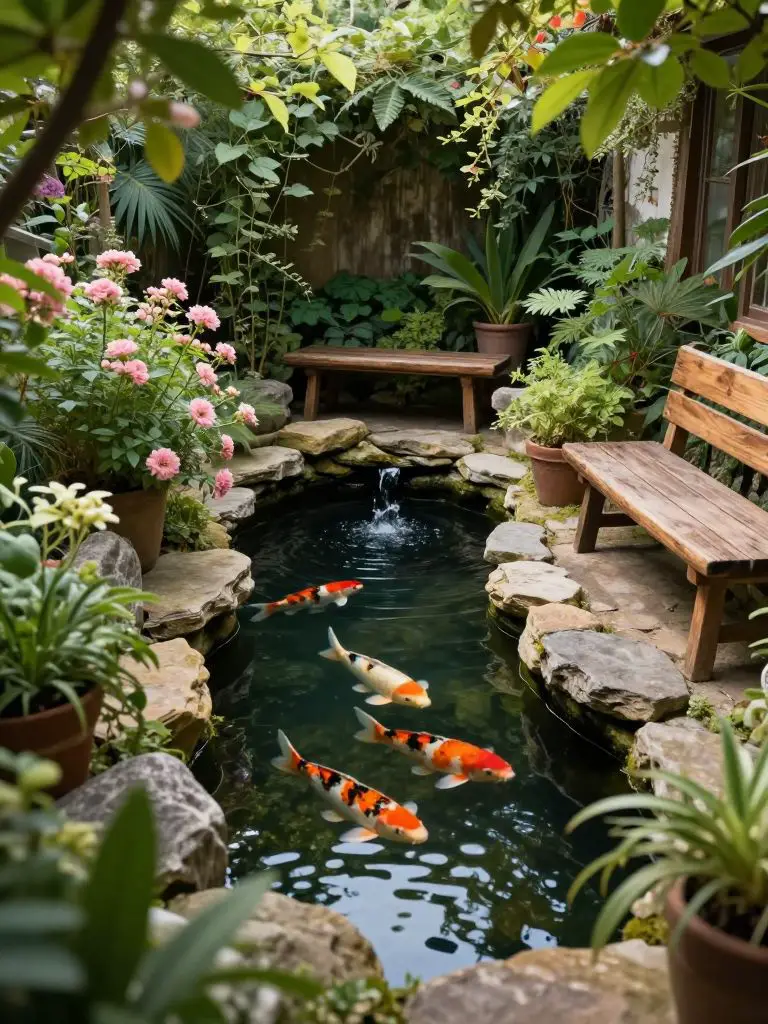A hidden garden pond nook designed in a romantic rustic style, featuring a narrow pond with koi fish and a wooden bench nearby.