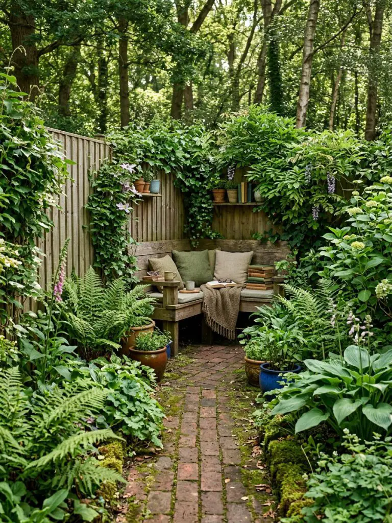 A secluded cottage garden reading nook designed in a lush woodland cottage style, featuring a narrow brick pathway leading to a built-in woo.