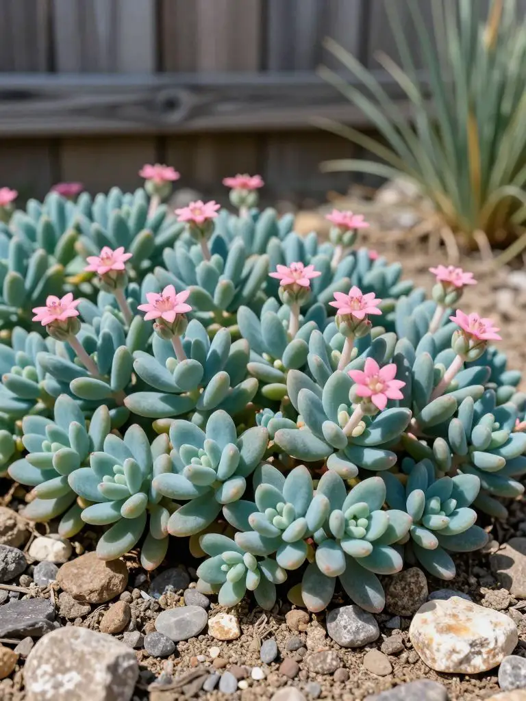 A close-up view of a thriving sedum patch fills the foreground, with densely packed, fleshy leaves in subtle blue-green hues and tiny cluste.
