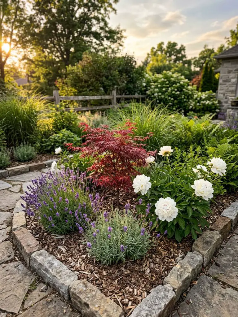 A thoughtfully composed planting bed is the focal point, featuring a harmonious arrangement of symbolic flora including lavender, Japanese m.