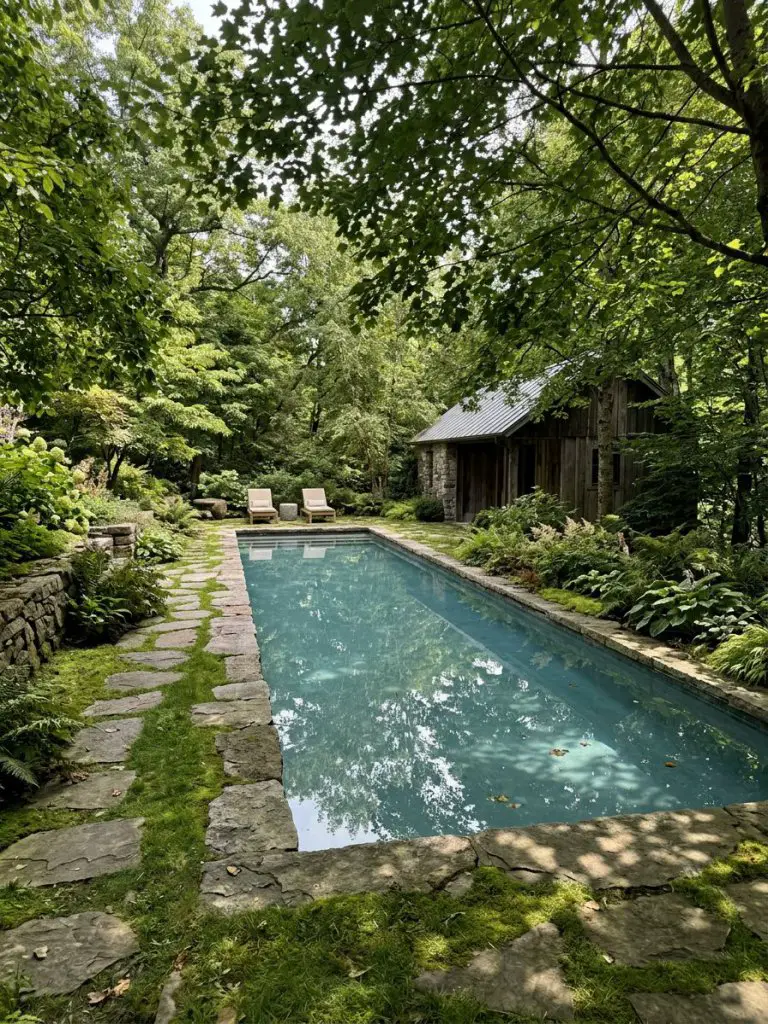 A serene backyard lap pool shaded by a lush canopy of mature trees, designed in a natural modern rustic style.