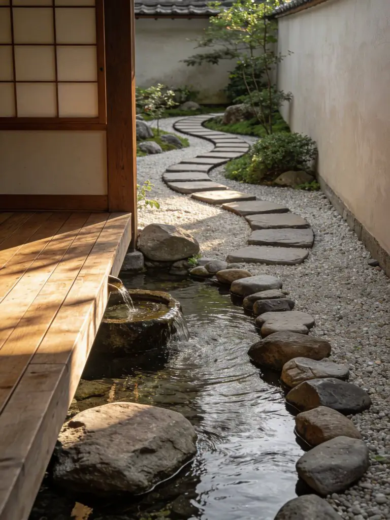 A refined Japanese courtyard garden blending traditional and modern rustic elements, featuring a small water feature beside a wooden engawa.