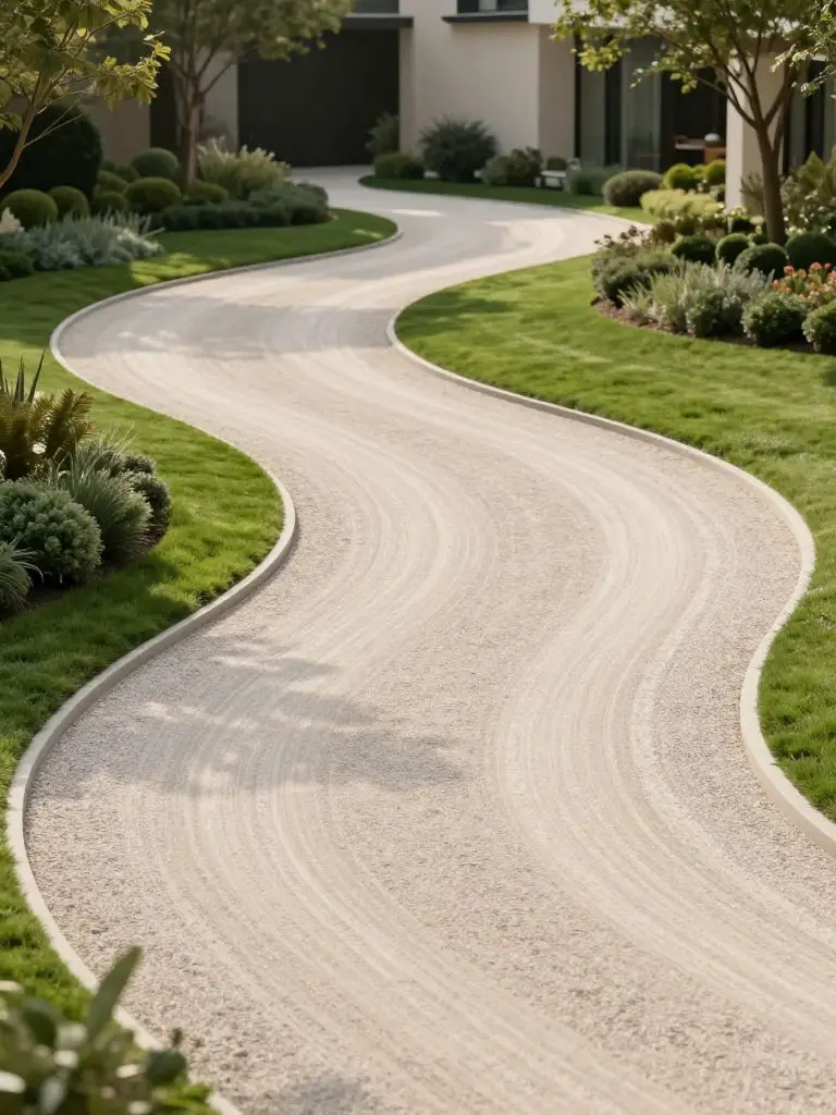 A serene curved gravel driveway in a minimalist landscape design, surrounded by manicured lawns and subtle shrub plantings.