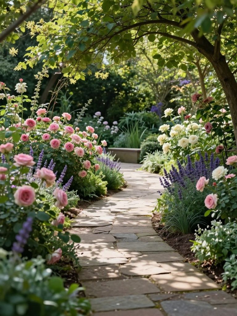A serene garden pathway beneath a mature tree canopy, surrounded by soft pastel blooms and dense greenery.
