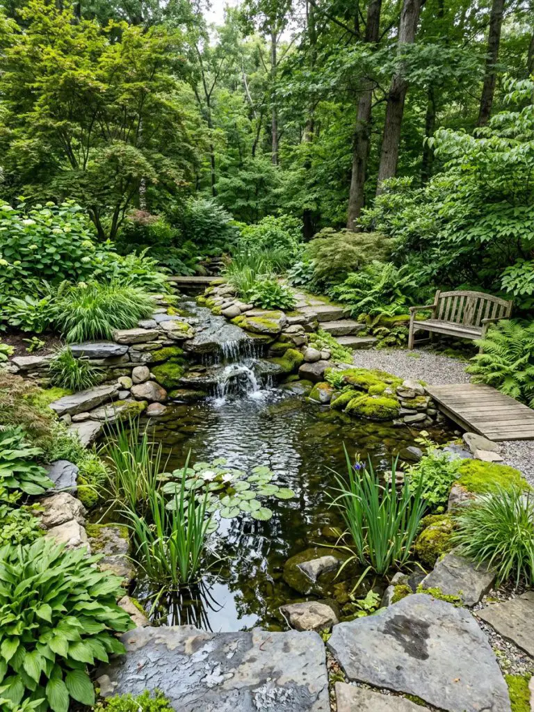A peaceful garden pond with a small waterfall surrounded by natural landscaping, designed in organic garden style.