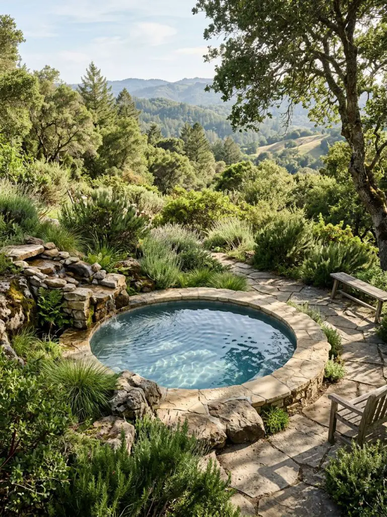 A serene hillside backyard rock pool designed in modern rustic style with natural landscaping integration.