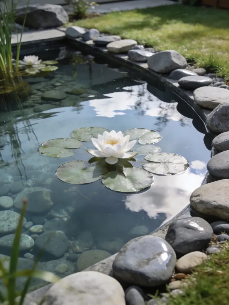 A serene backyard pond pool in a Japandi-inspired garden, featuring smooth pebbles, still water, and floating lily pads with blooming white.