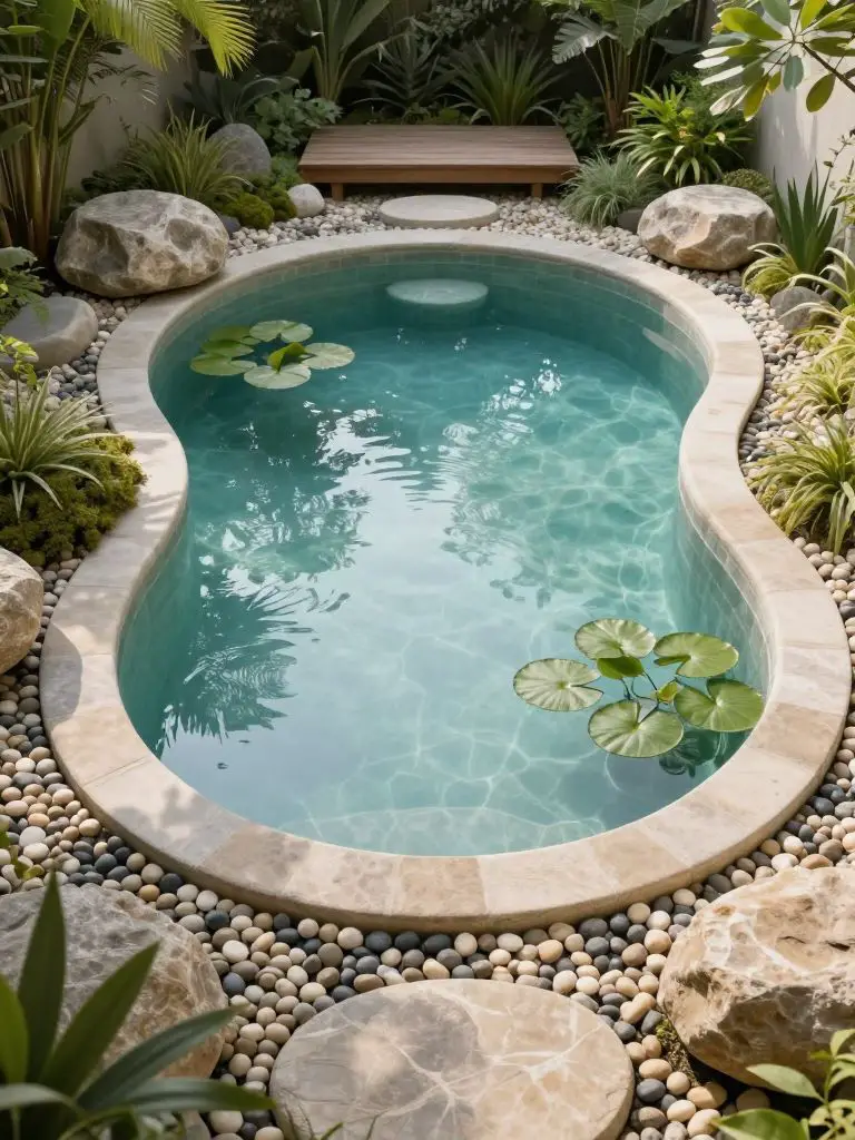 A serene pond-style natural swimming pool backyard designed with soft organic curves and a tranquil garden aesthetic.