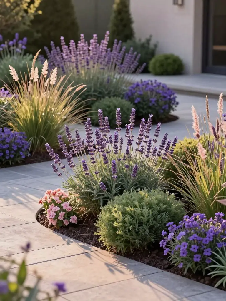 A serene purple-toned flower bed designed with layered textures in a warm minimalist garden style.