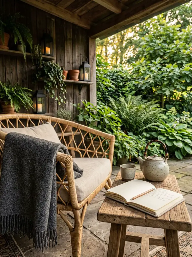 An inviting quiet corner is arranged on a covered patio, with a low woven rattan chair featuring visible natural fibers and a small raw timb.