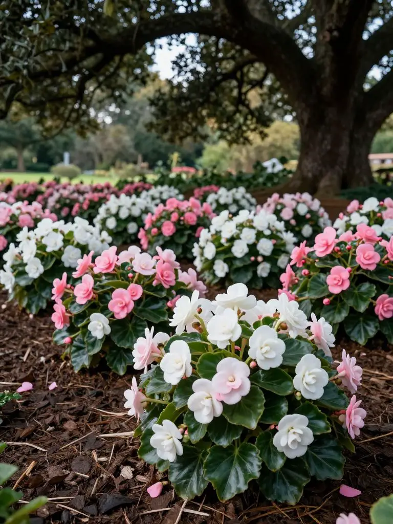 A serene shade garden located under the canopy of a large oak tree.