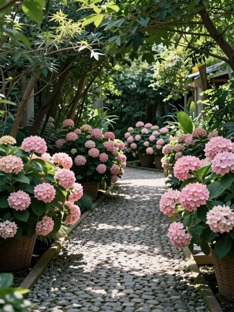 A shaded garden path flower bed bordered with hydrangeas and lush greenery in a cool-toned palette.