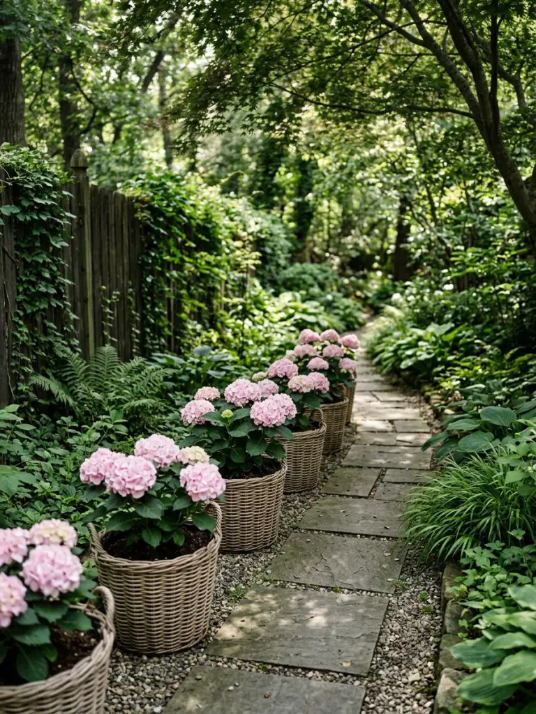 A shaded backyard flower bed along a narrow walkway, designed with hydrangeas and woven planters in a tranquil garden style.