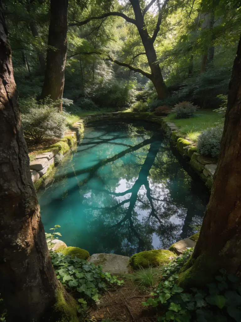 A shaded backyard pond pool inspired by woodland landscapes, surrounded by mature trees and dense greenery.
