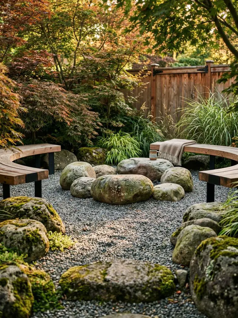 A meticulously designed outdoor gathering space is centered around an array of smooth, oversized natural stones arranged in a gentle circula.