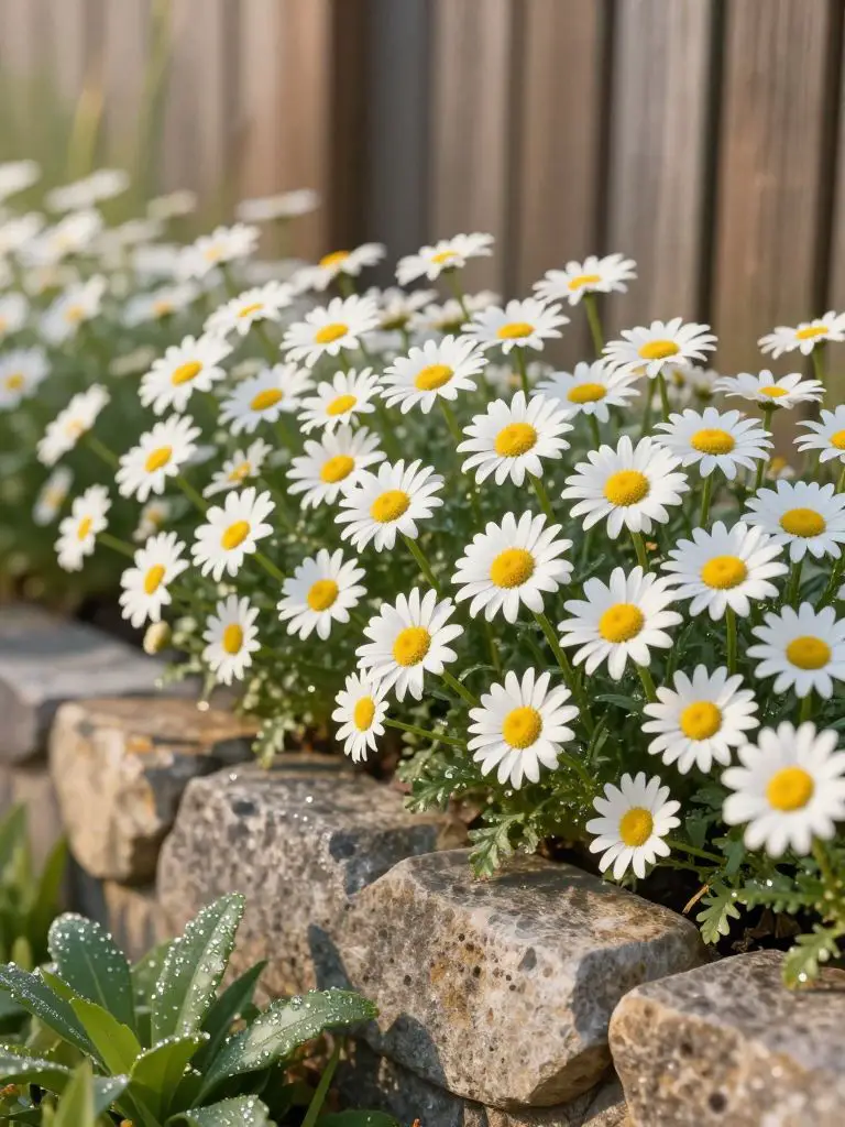 An orderly row of Shasta daisies, their pristine white petals and sunny yellow centers fully open, stands against a low stone wall, each flo.