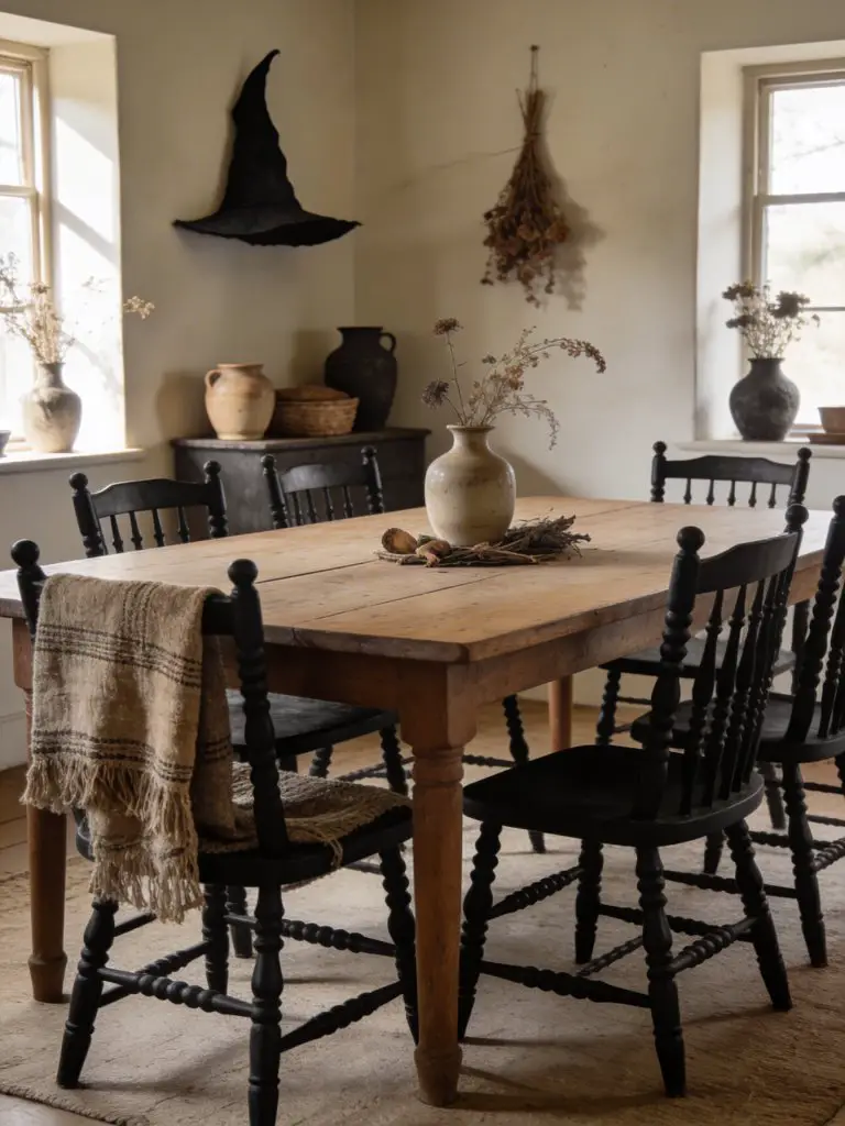 A primitive-inspired witchy dining room with a simple wooden table and black spindle chairs, styled with understated decor and earthy textur.