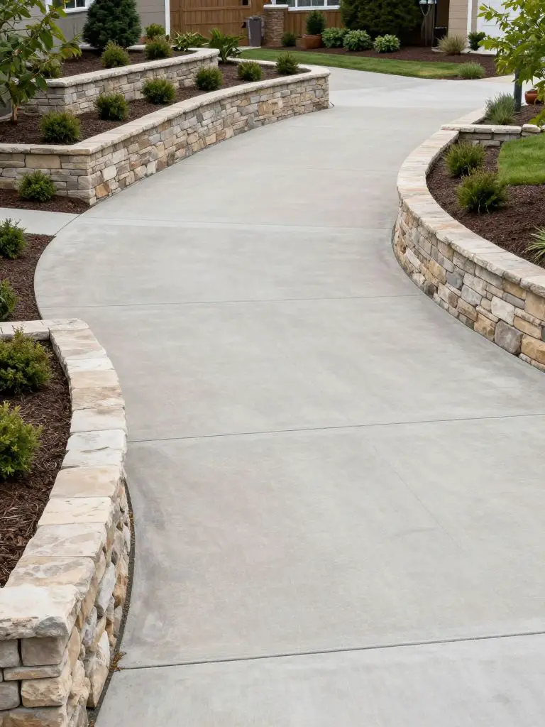 A clean and simple suburban sloped driveway landscaping design with smooth retaining walls and minimal planting.