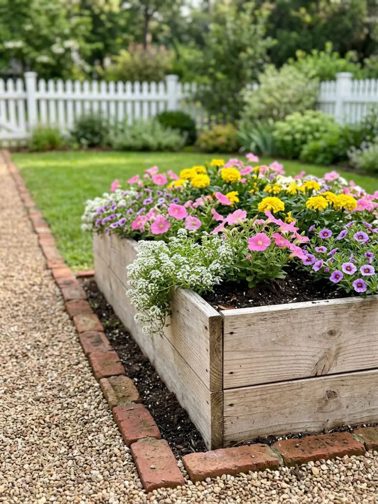 A simple rectangular wooden raised flower bed placed alongside a garden path with brick edging.
