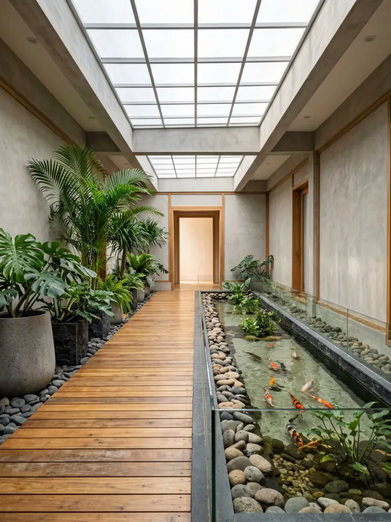 A bright indoor fish pond walkway under a skylight in a Japandi-inspired modern rustic space, featuring a long narrow koi pond bordered by s.