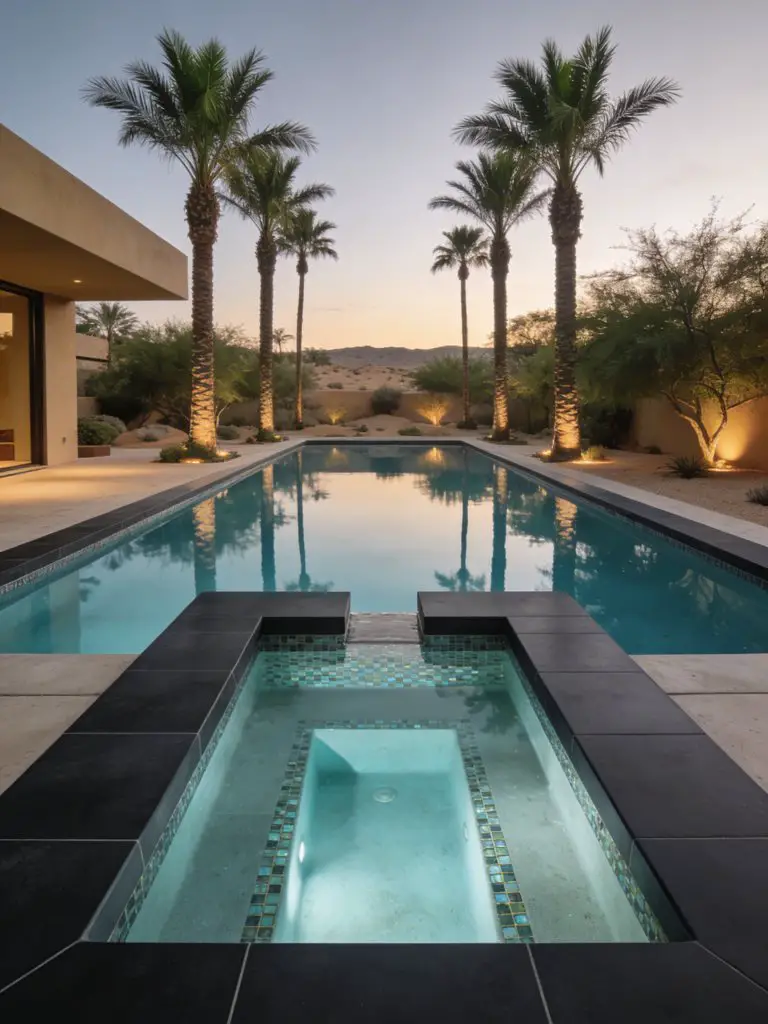A sleek desert modern luxury pool backyard with strong geometric lines and a raised spa integrated into the main pool, designed in a Warm Mi.