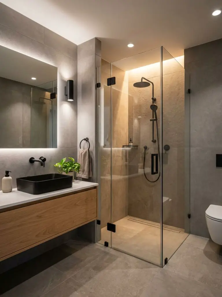 A sleek minimalist small bathroom featuring a glass shower enclosure with warm ambient lighting and modern fixtures.