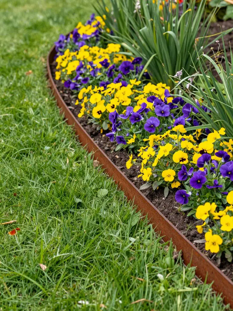 A sleek garden border defined by a thin metal edging strip, separating a vibrant lawn from a richly planted flower bed bursting with yellow.