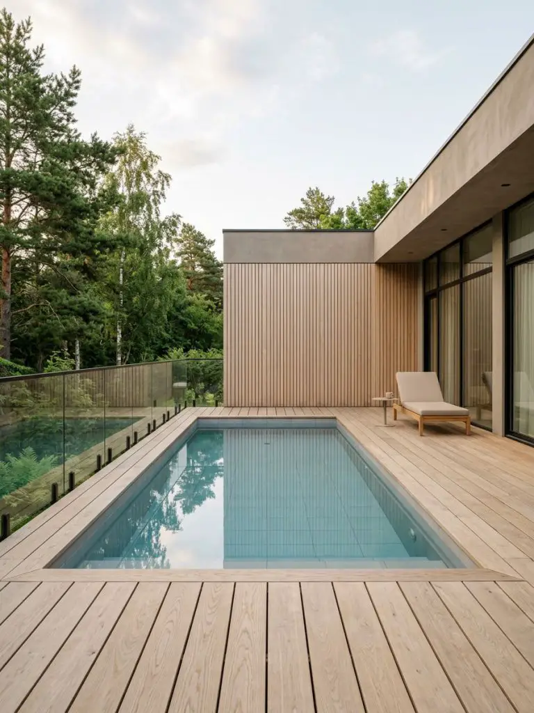 A sleek rectangular above ground pool integrated into a modern backyard deck with vertical wood paneling and minimalist architecture.