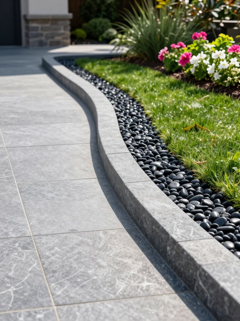 A sleek modern driveway edging featuring smooth stone borders paired with polished dark gravel and vibrant planting beds, styled in contempo.