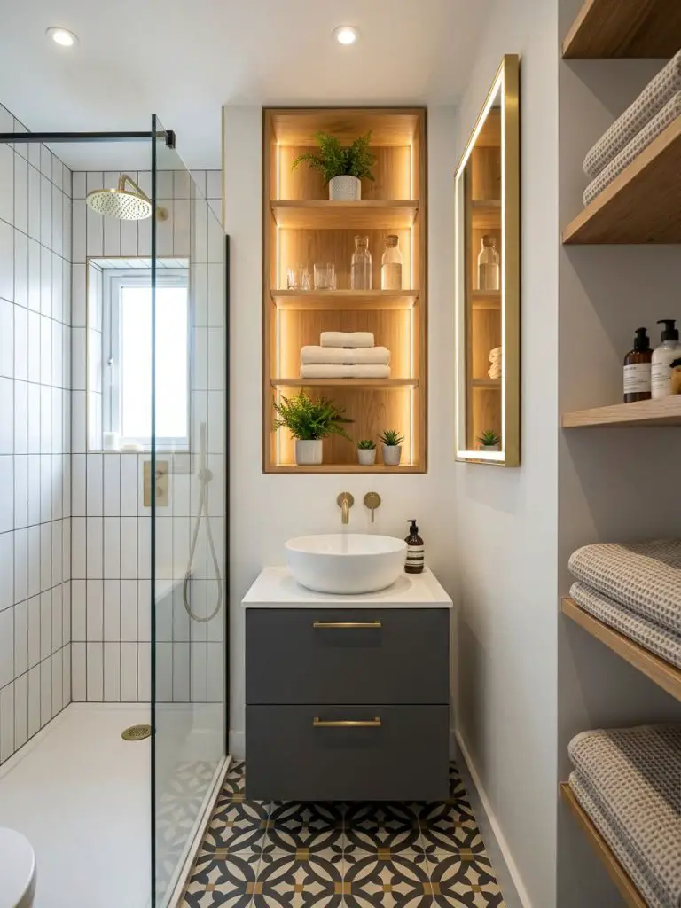 A sleek tiny bathroom designed in a contemporary modern style with smart vertical storage solutions.