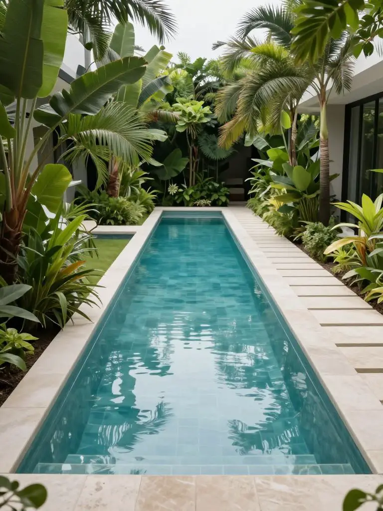 A sleek narrow pool garden designed in tropical modern style, featuring a long rectangular pool with stepping stone path and lush greenery.