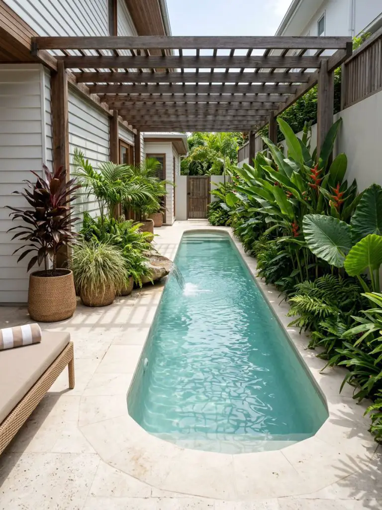 A slim side-yard pool designed in modern tropical minimalist style, featuring a narrow elongated pool with soft curved edges and pale stone.