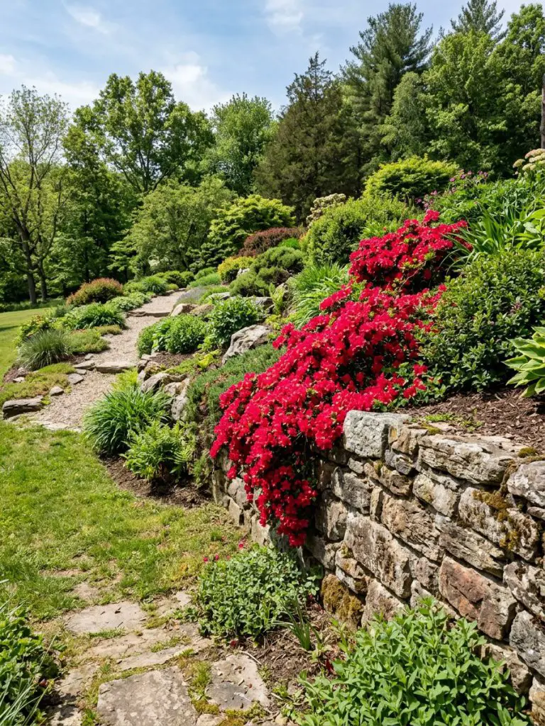 A sloped garden flower bed supported by a rustic stone retaining wall, featuring dense flowering shrubs in bold red tones.