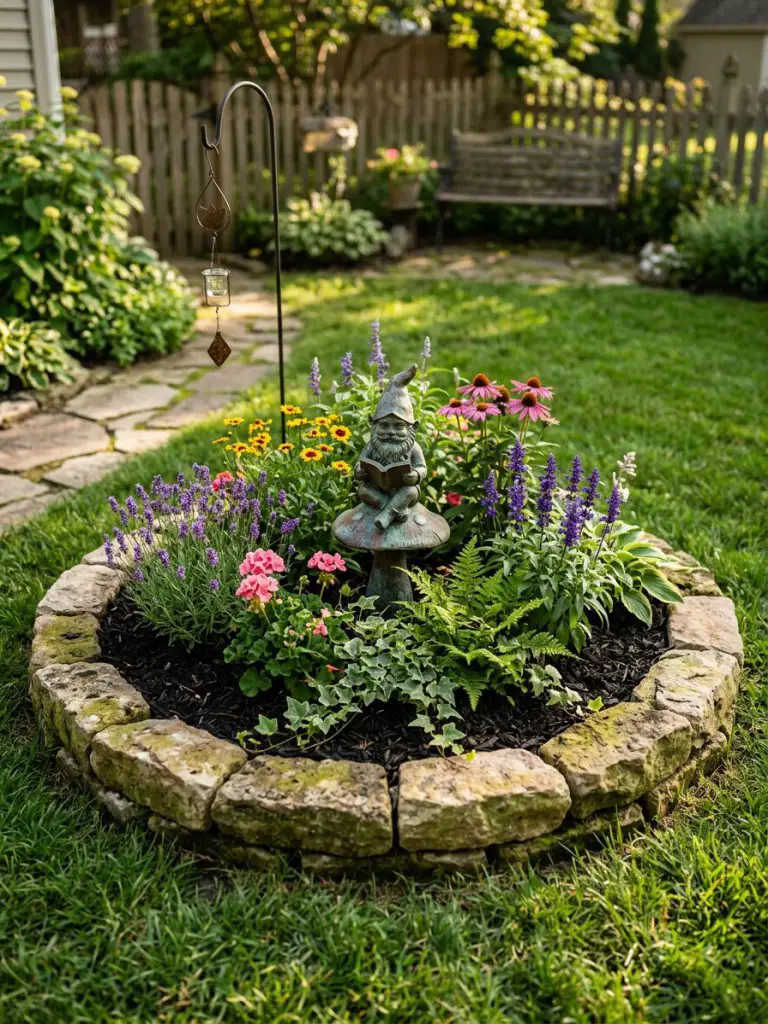 A compact circular flower bed designed with rustic stone edging and a small garden sculpture at its center, embodying a quaint, handcrafted.