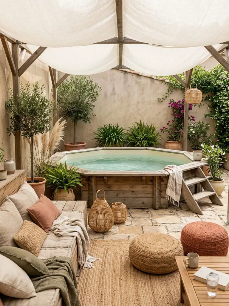 A compact courtyard above ground pool styled in a boho minimalist aesthetic with a soft fabric canopy overhead.