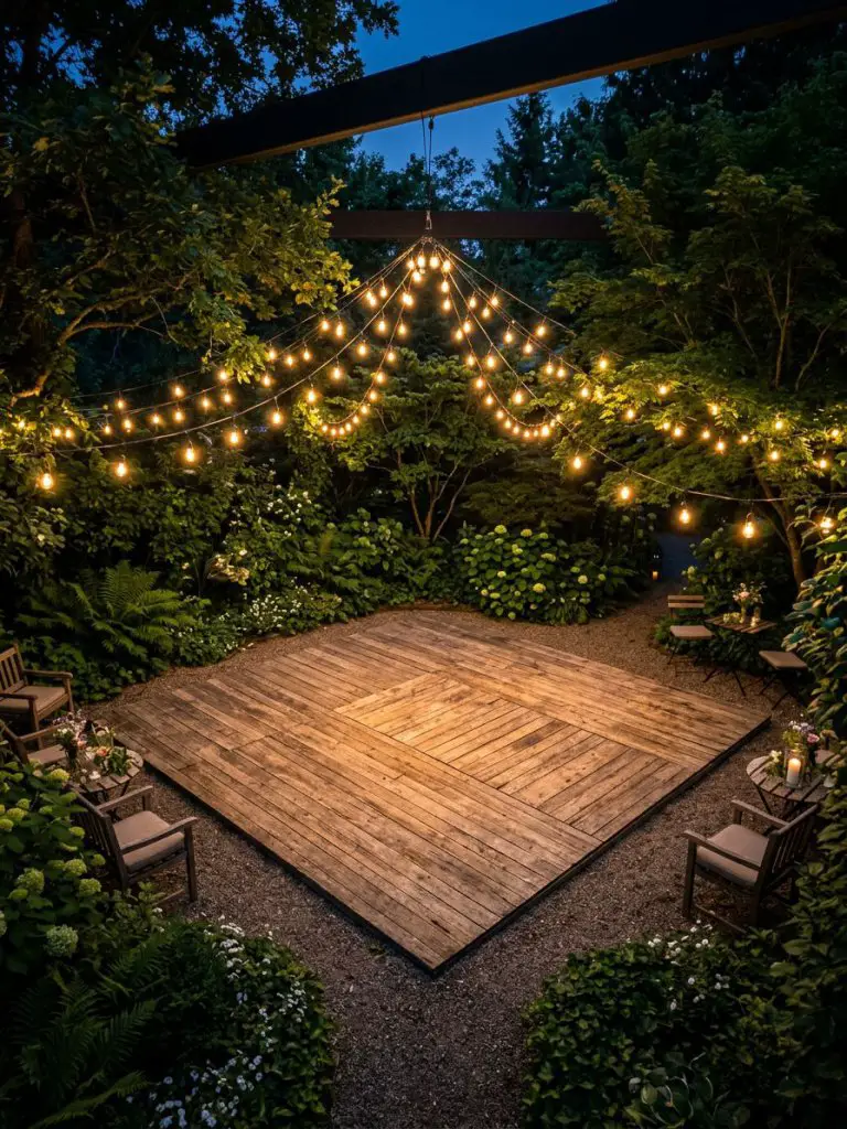 A small garden wedding dance floor scene in a Modern Rustic style, featuring a wooden dance floor under string lights as the central subject.